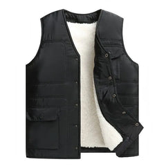 Men’s Fur-Lined Winter Bodywarmer – Warm V-Neck Sleeveless Vest with Zip and Button Closure for Cold-Weather Layering