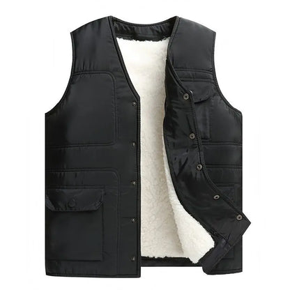 Men’s Fur-Lined Winter Bodywarmer – Warm V-Neck Sleeveless Vest with Zip and Button Closure for Cold-Weather Layering