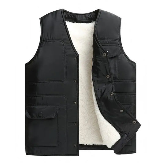 Men’s Fur-Lined Winter Bodywarmer – Warm V-Neck Sleeveless Vest with Zip and Button Closure for Cold-Weather Layering