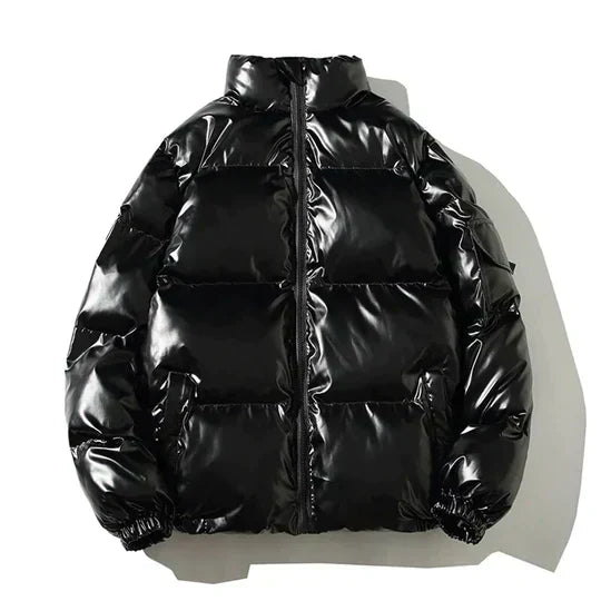 Men’s Metallic Hooded Puffer Jacket – Windproof Waterproof Winter Layer for Outdoor Cold-Weather Wear