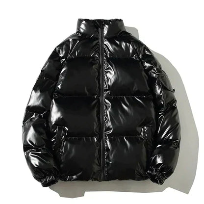 Men’s Metallic Hooded Puffer Jacket – Windproof Waterproof Winter Layer for Outdoor Cold-Weather Wear