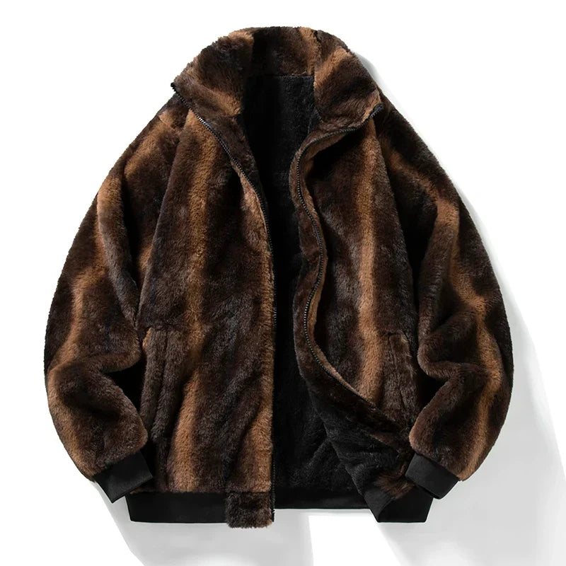 Men’s Plush Faux-Fur Jacket – Thick Winter Outerwear with High Collar and Ribbed Trims