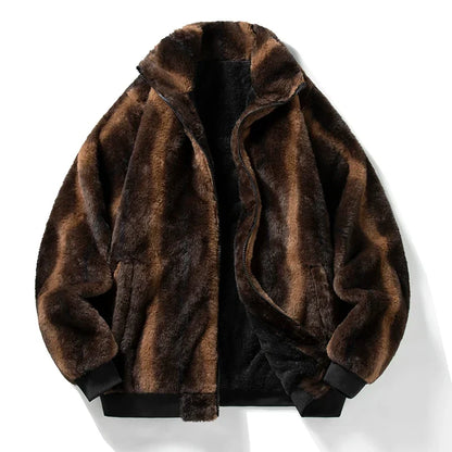 Men’s Plush Faux-Fur Jacket – Thick Winter Outerwear with High Collar and Ribbed Trims