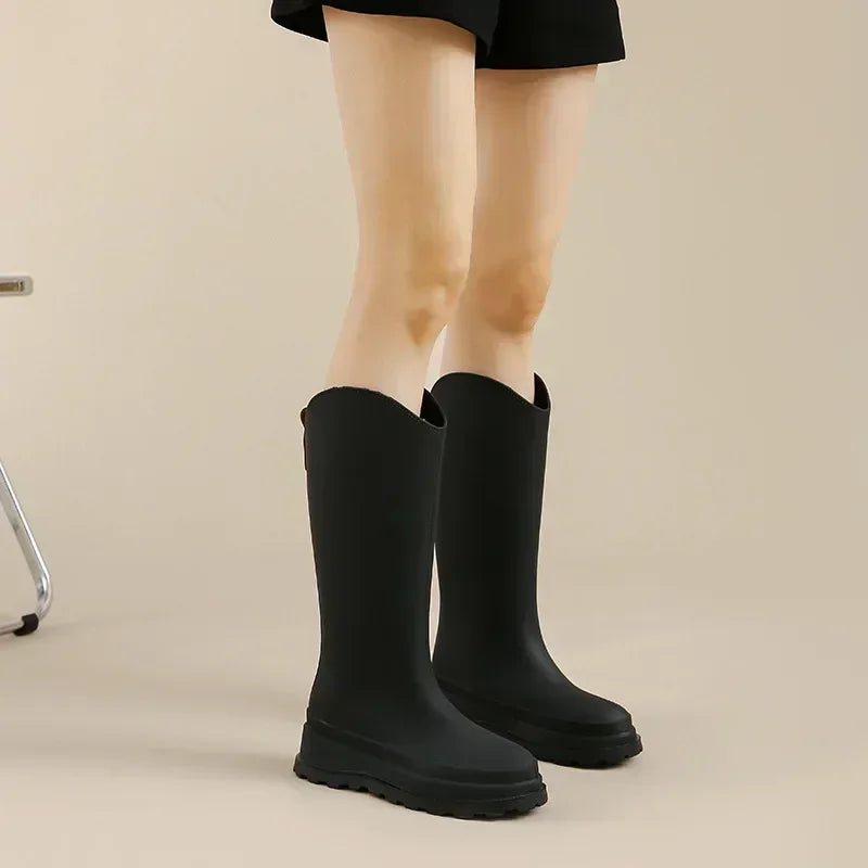 Women’s Plush-Lined Knee-High Rain Boots – Waterproof Rubber Boots with Non-Slip Chunky Sole