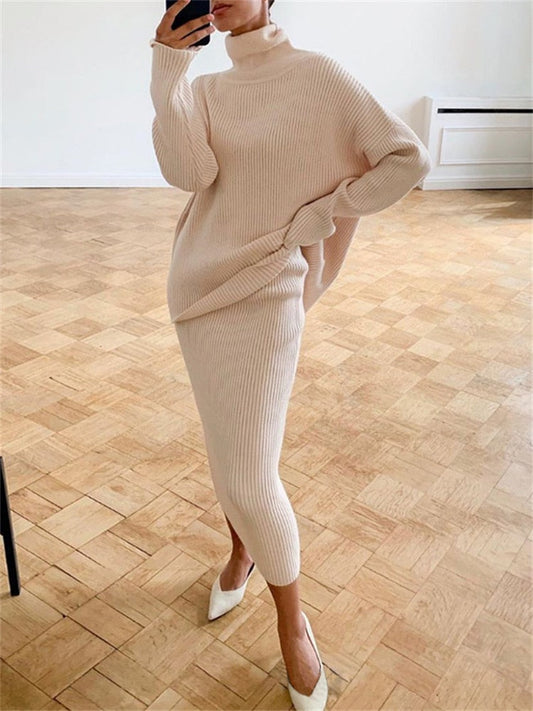Women’s Turtleneck Knit Skirt Set – Relaxed Long-Sleeve Jumper with Slim Midi Skirt for Autumn Wear