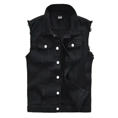 Men’s Distressed Sleeveless Denim Vest – Button-Front Trucker Layer with Frayed Armholes and Chest Pockets