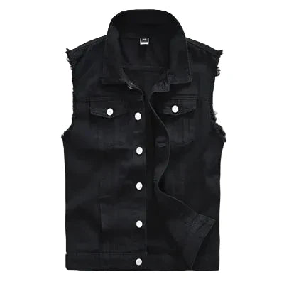Men’s Distressed Sleeveless Denim Vest – Button-Front Trucker Layer with Frayed Armholes and Chest Pockets