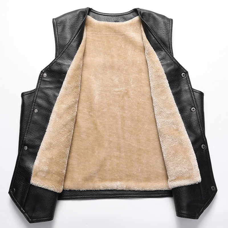 Men’s Fleece-Lined Leather Winter Vest – Warm V-Neck Sleeveless Waistcoat for Casual Cold-Weather Layering