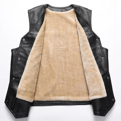 Men’s Fleece-Lined Leather Winter Vest – Warm V-Neck Sleeveless Waistcoat for Casual Cold-Weather Layering