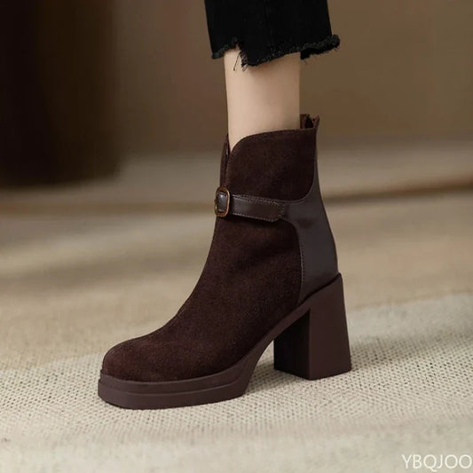 Women’s Buckle Ankle Boots – Thick-Sole Chunky Heel Boots for Autumn and Winter