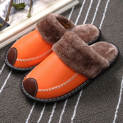 Women’s Plush-Lined Leather Winter Slippers – Warm Closed-Toe Slip-On Indoor House Shoes for Everyday Comfort