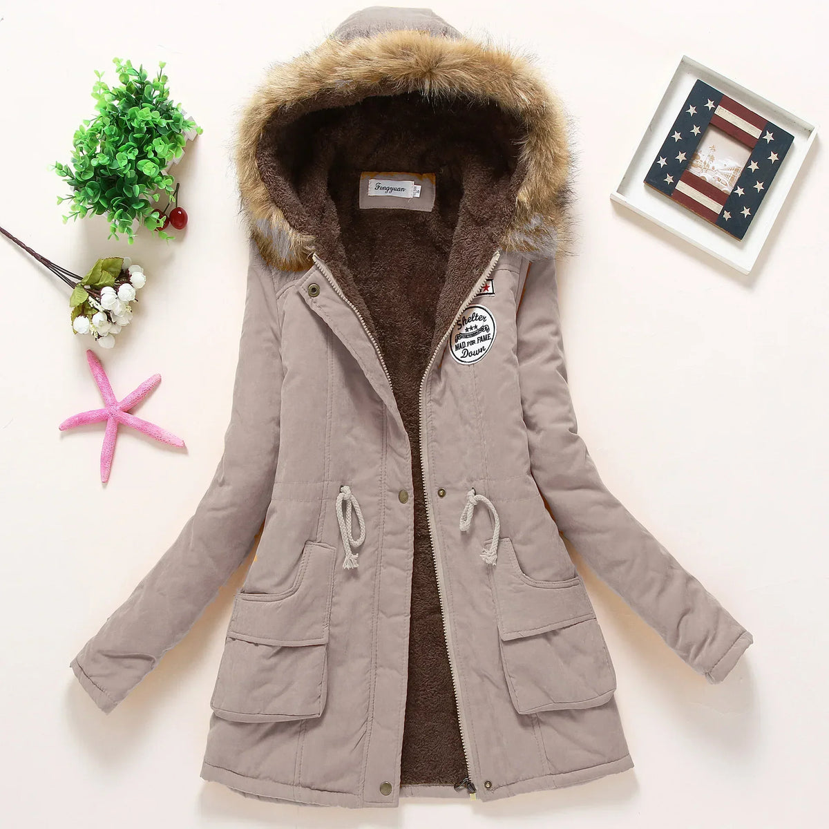 Women’s Faux-Fur Hooded Winter Parka – Fleece-Lined Drawstring Jacket for Warm Everyday Cold-Weather Wear