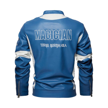 Men’s Embroidered Leather Biker Jacket – Racing-Inspired Zip-Up Design with Stand Collar