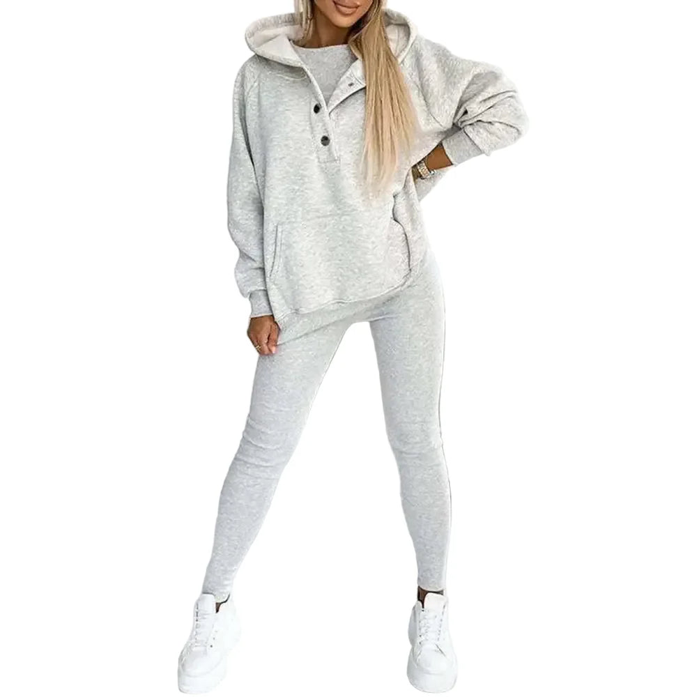 Women’s Three-Piece Lounge Set – Asymmetric Hooded Jacket with Tank Top and Slim Trousers for Casual Streetwear