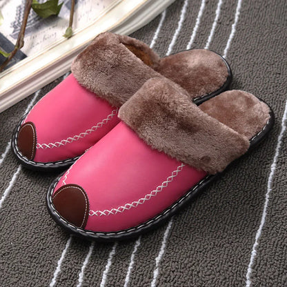 Women’s Plush-Lined Leather Winter Slippers – Warm Closed-Toe Slip-On Indoor House Shoes for Everyday Comfort