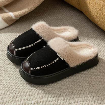 Women’s Fleece-Lined Platform Slippers – Plush-Trimmed Winter House Shoes with Contrast Stitching