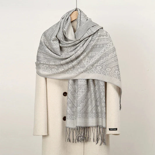 Women’s Soft Polyester Winter Scarf – Oversized Printed Tassel Wrap for Elegant Autumn and Winter Layering