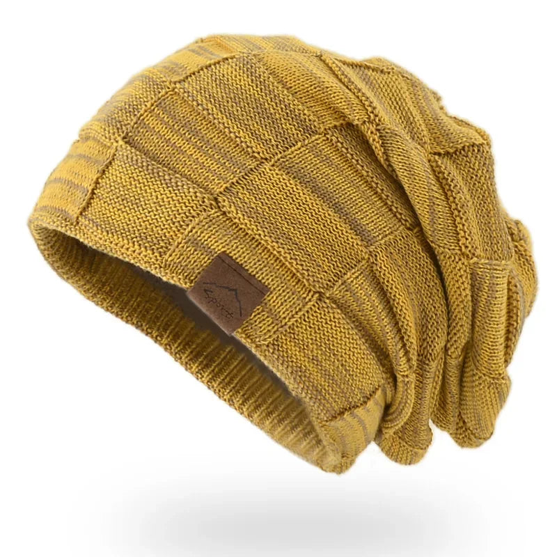 Unisex Textured Slouchy Knit Beanie – Stretch Winter Hat with Relaxed Patchwork Design