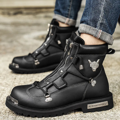 Men’s Waterproof Plush-Lined Snow Boots – Front-Zip Lace-Up Ankle Boots with Anti-Slip Sole