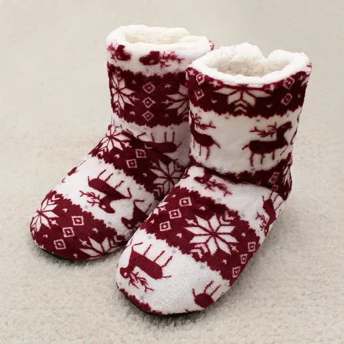 Women’s Festive Slipper Boots – Plush Winter House Shoes with Fold-Over Cuffs