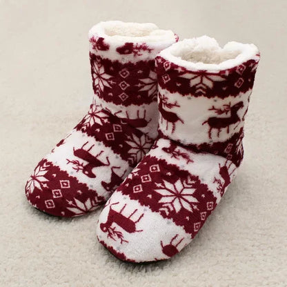 Women’s Festive Slipper Boots – Plush Winter House Shoes with Fold-Over Cuffs