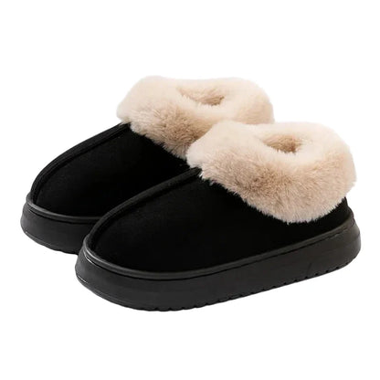 Women’s Plush-Lined Winter Slippers – Faux-Suede Platform Slip-On House Shoes with Fluffy Faux-Fur Trim