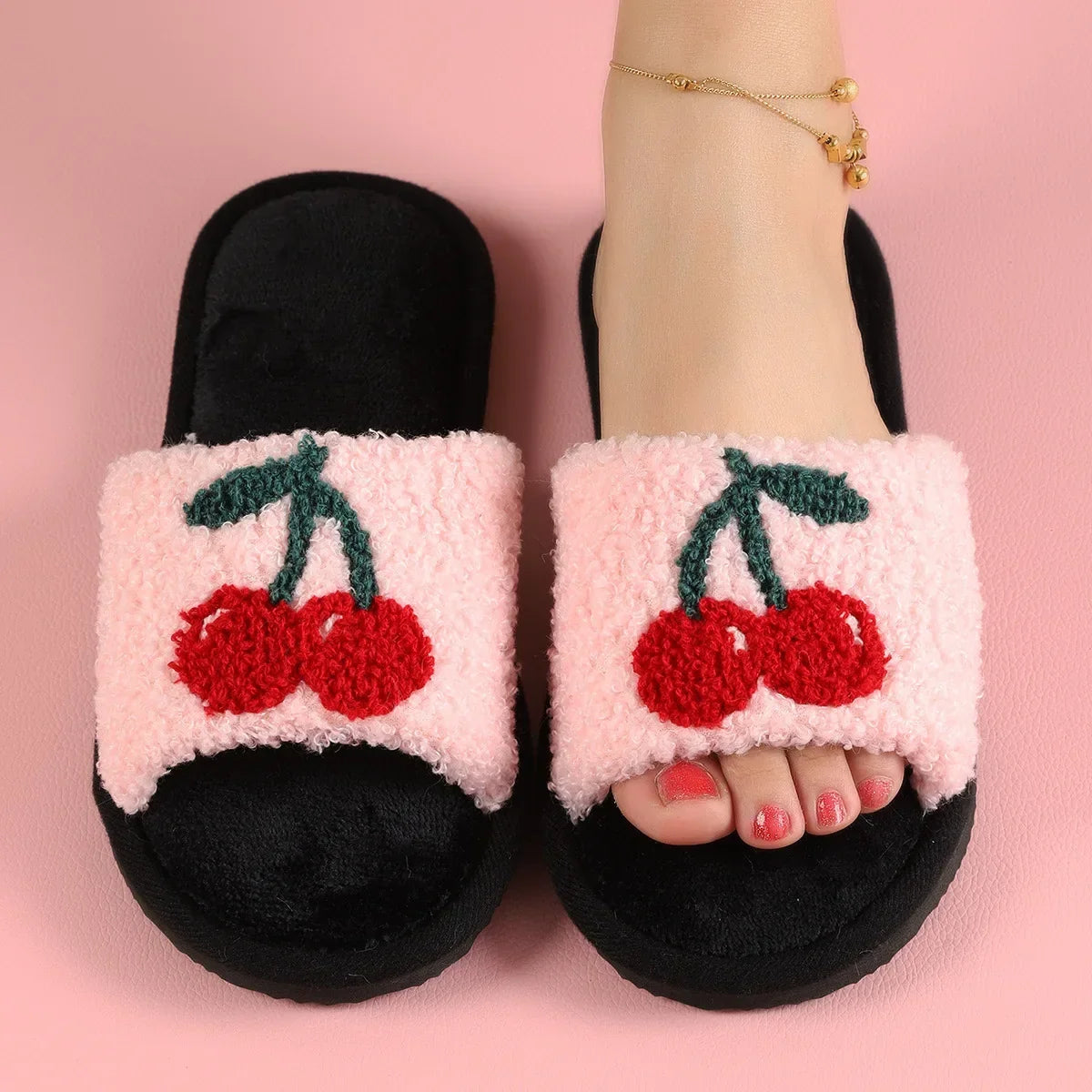 Women’s Cherry-Detail Plush Slide Slippers – Open-Toe House Shoes with Cushioned Sole