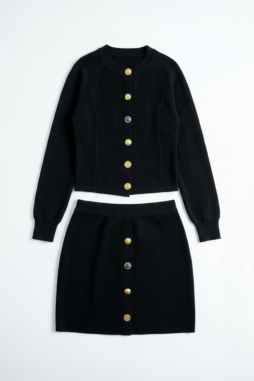 Women’s Cardigan and Mini Skirt Co-Ord Set – Button-Front Autumn and Winter Smart Casual Wear