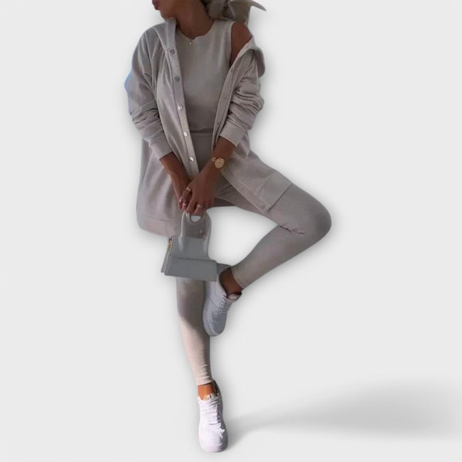Women’s Three-Piece Cardigan Set – Longline Layer with Top and Leggings for Spring and Autumn