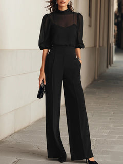 Women’s Three-Piece Occasion Trouser Set – Sheer Puff Sleeve Top for Evening Events