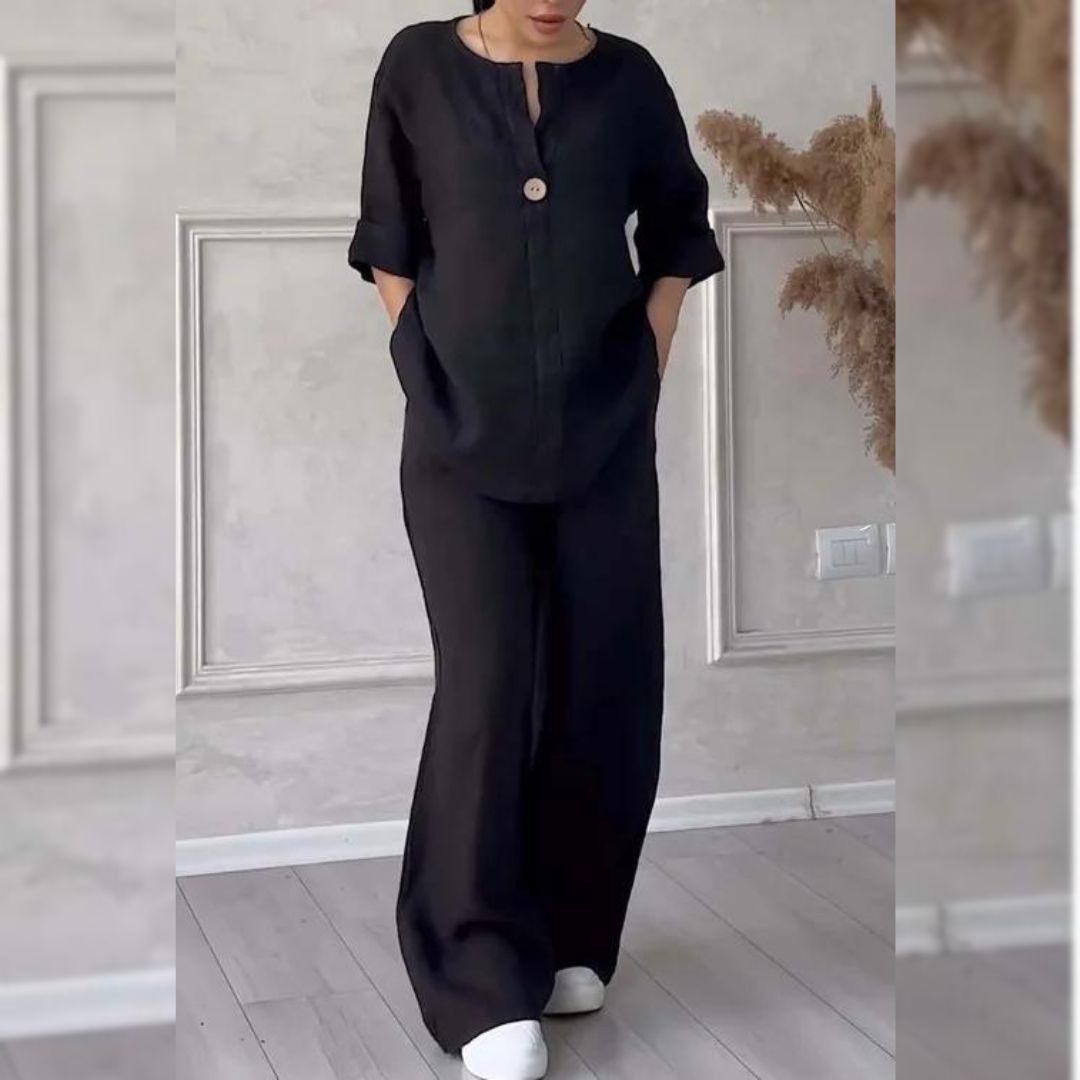 Women’s Relaxed Two-Piece Trouser Set – Single-Button Jacket and Wide-Leg Trousers for Spring and Summer