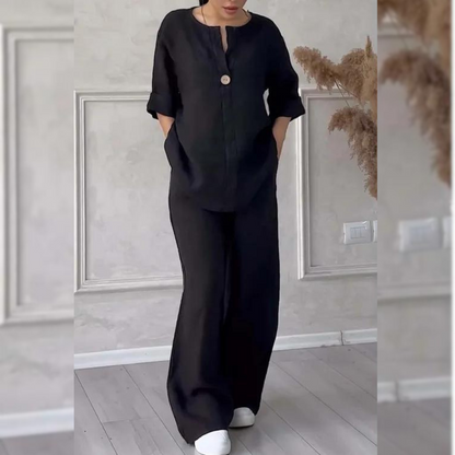 Women’s Relaxed Two-Piece Trouser Set – Single-Button Jacket and Wide-Leg Trousers for Spring and Summer