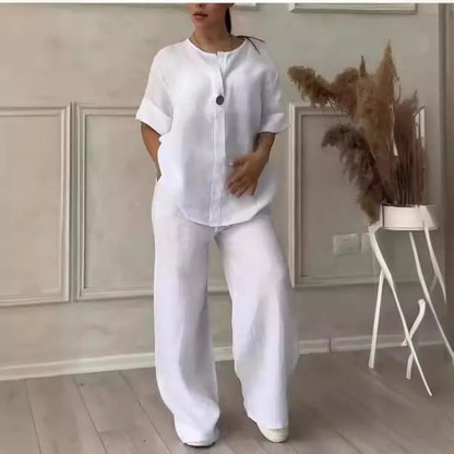 Women’s Relaxed Two-Piece Trouser Set – Single-Button Jacket and Wide-Leg Trousers for Spring and Summer