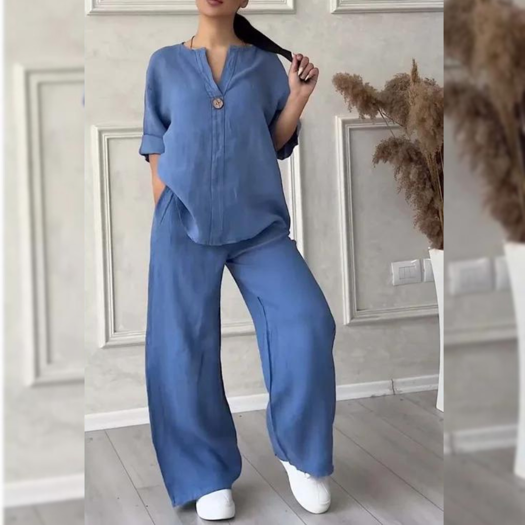 Women’s Relaxed Two-Piece Trouser Set – Single-Button Jacket and Wide-Leg Trousers for Spring and Summer