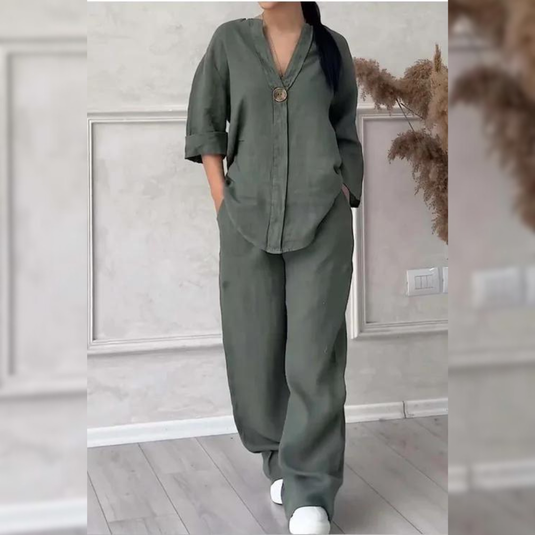 Women’s Relaxed Two-Piece Trouser Set – Single-Button Jacket and Wide-Leg Trousers for Spring and Summer