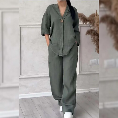 Women’s Relaxed Two-Piece Trouser Set – Single-Button Jacket and Wide-Leg Trousers for Spring and Summer