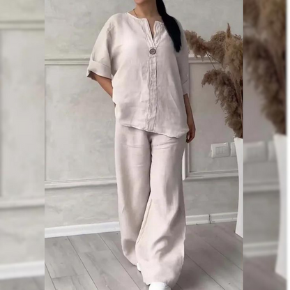 Women’s Relaxed Two-Piece Trouser Set – Single-Button Jacket and Wide-Leg Trousers for Spring and Summer