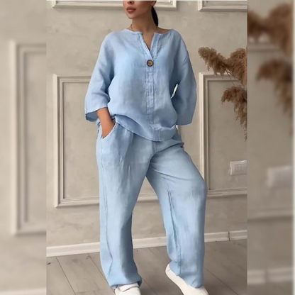Women’s Relaxed Two-Piece Trouser Set – Single-Button Jacket and Wide-Leg Trousers for Spring and Summer