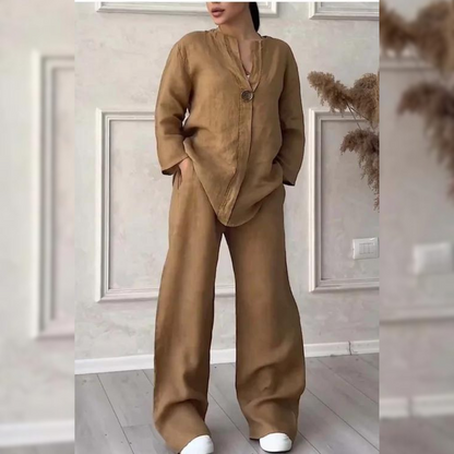 Women’s Relaxed Two-Piece Trouser Set – Single-Button Jacket and Wide-Leg Trousers for Spring and Summer