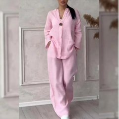 Women’s Relaxed Two-Piece Trouser Set – Single-Button Jacket and Wide-Leg Trousers for Spring and Summer