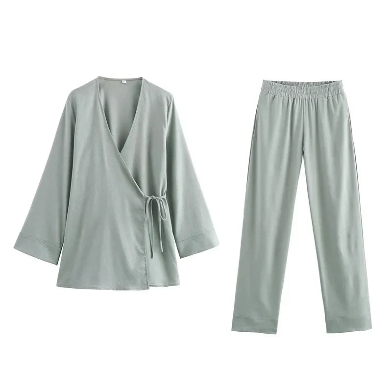 Women’s Linen Co-Ord Set – Kimono-Style Wrap Top with Wide-Leg Trousers for Effortless Spring Summer Wear