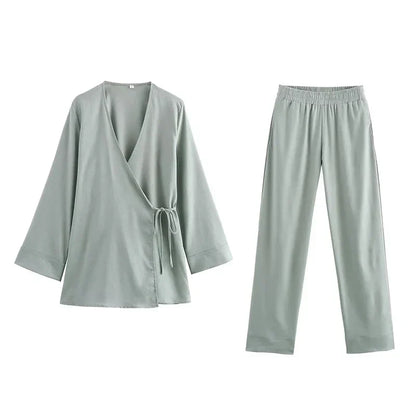 Women’s Linen Co-Ord Set – Kimono-Style Wrap Top with Wide-Leg Trousers for Effortless Spring Summer Wear