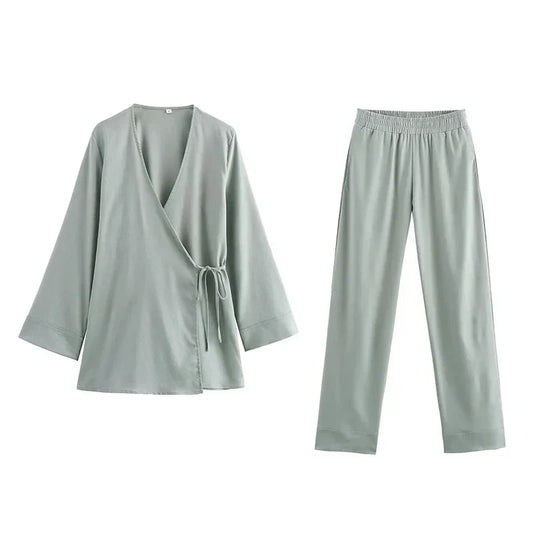 Women’s Linen Co-Ord Set – Kimono-Style Wrap Top with Wide-Leg Trousers for Effortless Spring Summer Wear