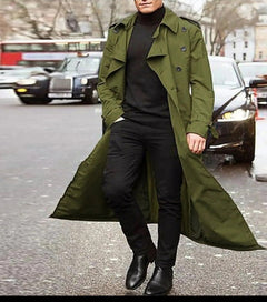 Men’s Longline Double-Breasted Trench Coat – Dramatic Tailored Layer with Epaulettes and Cuff Straps