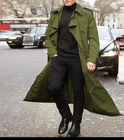 Men’s Longline Double-Breasted Trench Coat – Dramatic Tailored Layer with Epaulettes and Cuff Straps