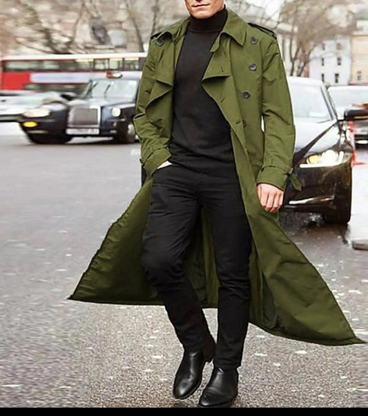 Men’s Longline Double-Breasted Trench Coat – Dramatic Tailored Layer with Epaulettes and Cuff Straps
