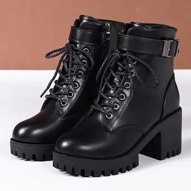 Women’s Lace-Up Platform Ankle Boots – Chunky Block Heel Side-Zip Winter Boots