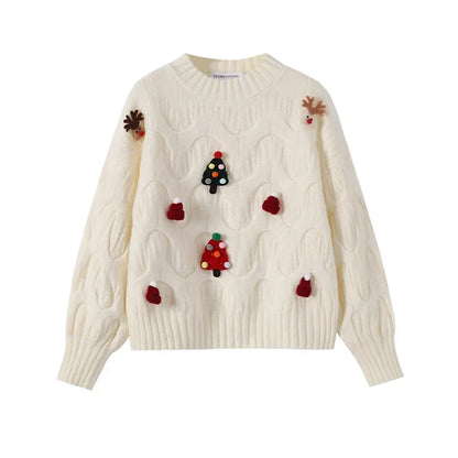 Women’s Festive Cable Knit Sweater – 3D Christmas Appliqué Pullover with Balloon Sleeves