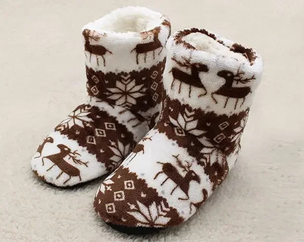 Women’s Festive Slipper Boots – Plush Winter House Shoes with Fold-Over Cuffs