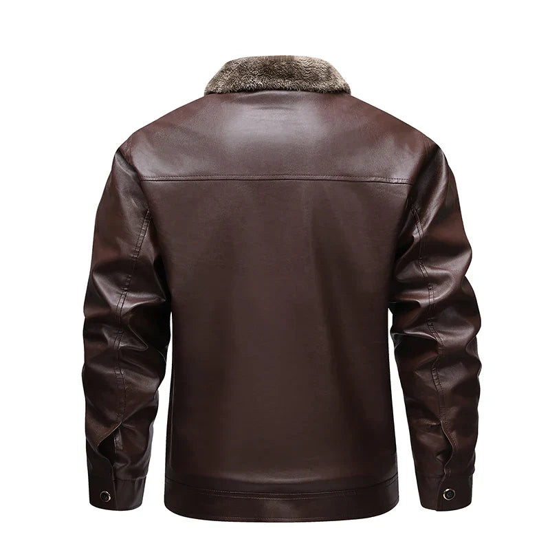 Men’s Fleece-Lined Leather Jacket – Retro Biker Outerwear with Warm Turn-Down Collar